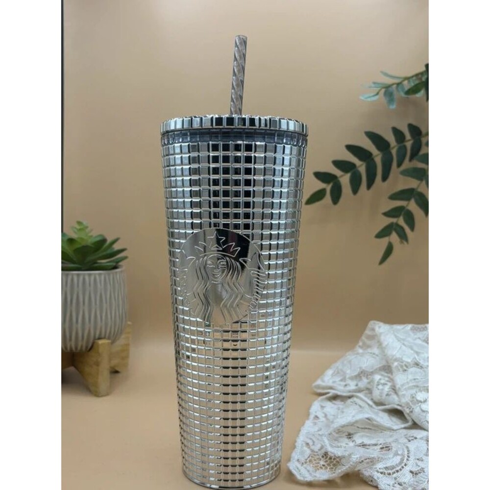 Starbucks 2023 Silver Disco Grid Cold Cup Tumbler 24oz Lid Straw Venti